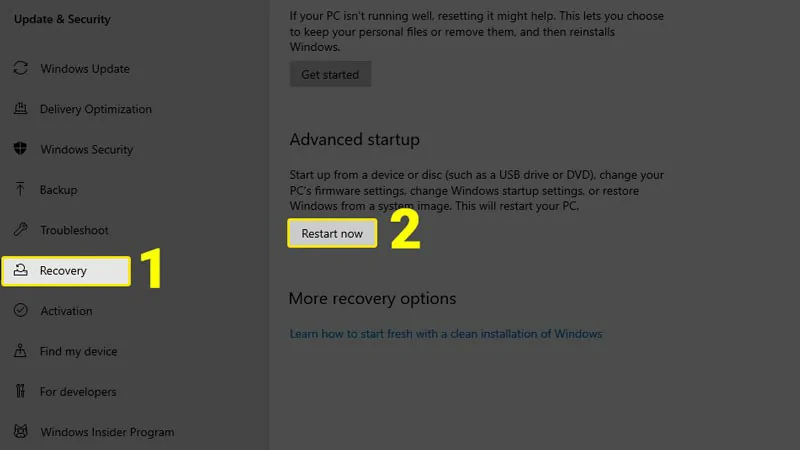 Cách Reset win 10 chi tiết nhất không mất dữ liệu Chọn Restart now