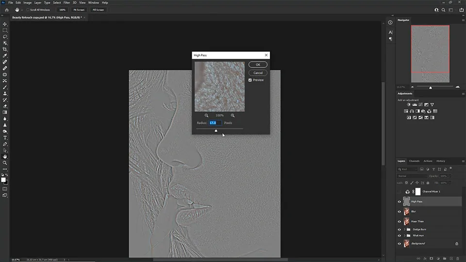 Công thức cách làm mịn da nâng cao trong Photoshop chi tiết Áp dụng High Pass lần 2