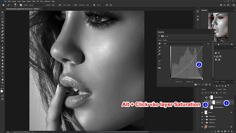 Công thức cách làm mịn da nâng cao trong Photoshop chi tiết Tạo lớp Curves về tối vè chèn vào Saturation
