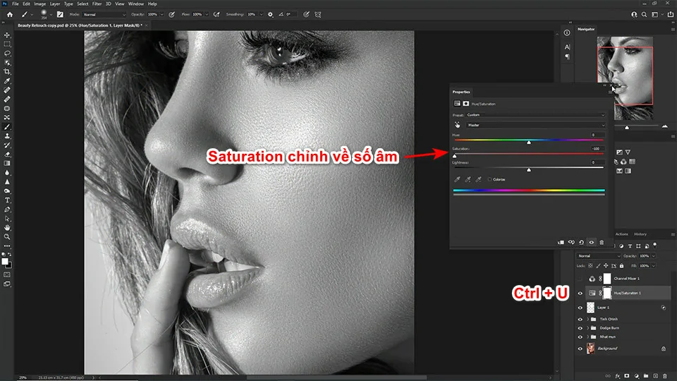Công thức cách làm mịn da nâng cao trong Photoshop chi tiết Giảm Saturation về số âm