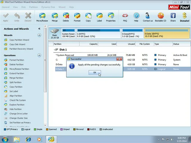 Cách chia ổ cứng win 7 10 11 cực nhanh và hiệu quả bằng Partition Wizard 23 Hộp thoại thông báo các tác vụ đã thực hiện thành công